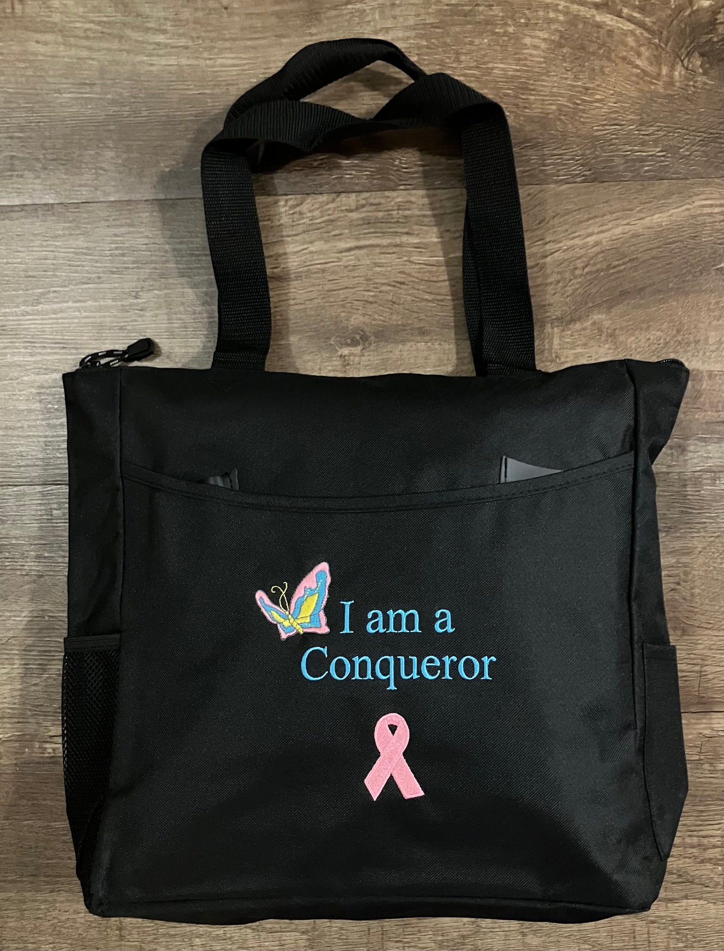 I am a Conqueror Butterfly Cancer Ribbon Tote Bag